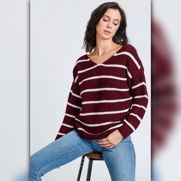 A261 • Stripe Dolman Sleeve Twist Back Knit Sweater Top - Picture 4 of 7